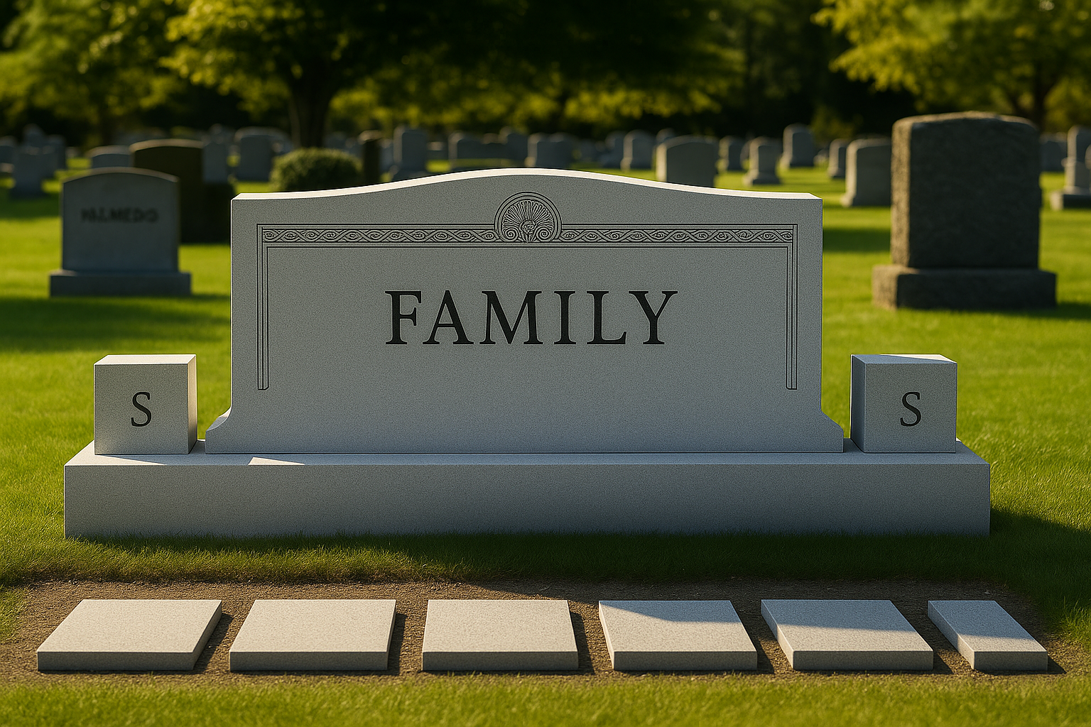 Family memorial headstone with decorative engraving