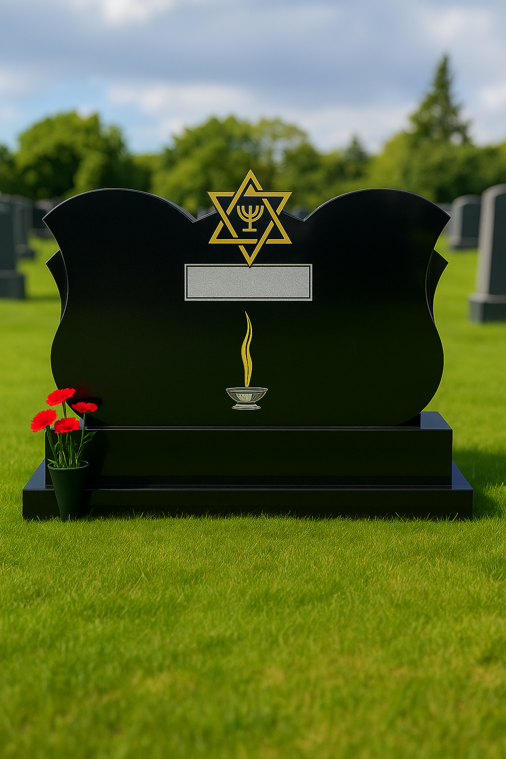 Black granite double memorial with Star of David and religious symbols