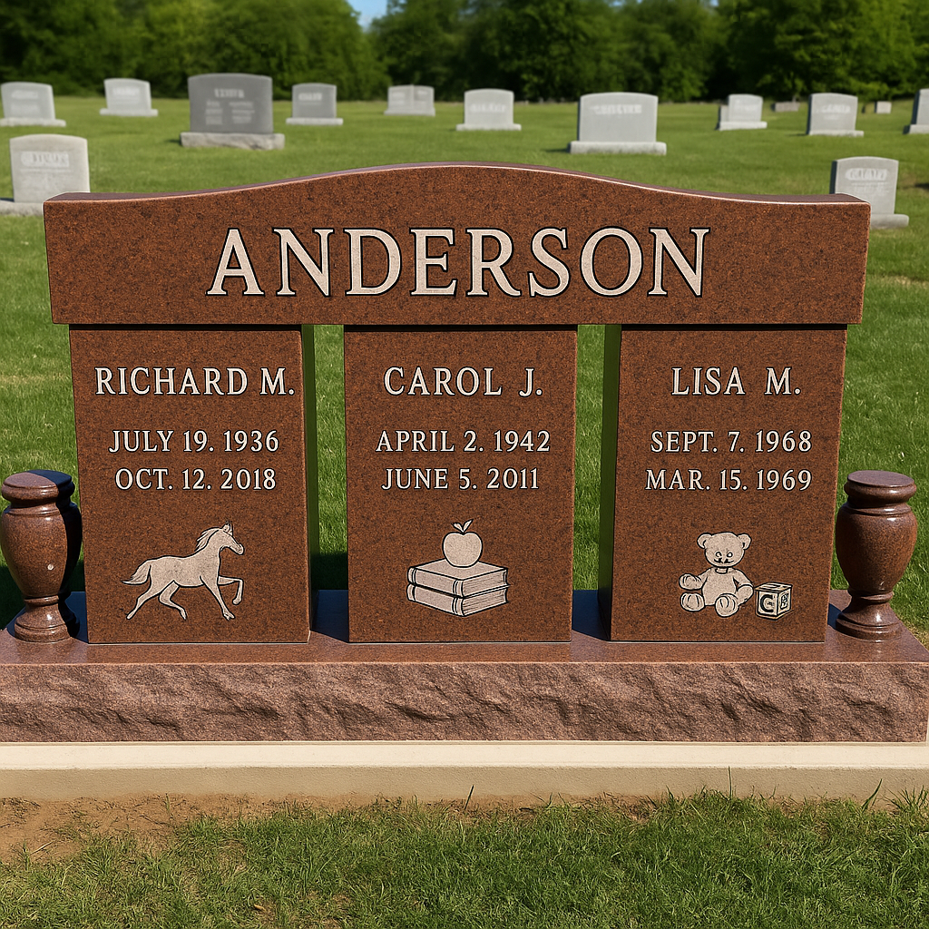 Anderson family triple memorial in brown granite with personalized engravings