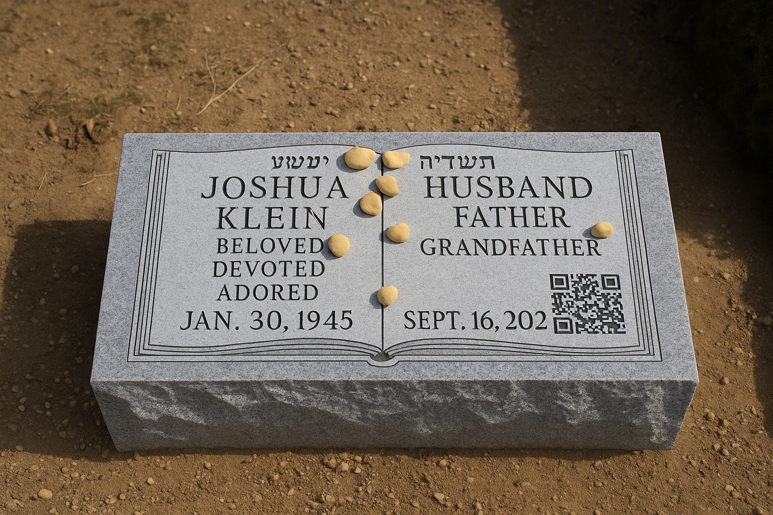 Joshua Klein memorial foot stone with QR code and Hebrew inscription