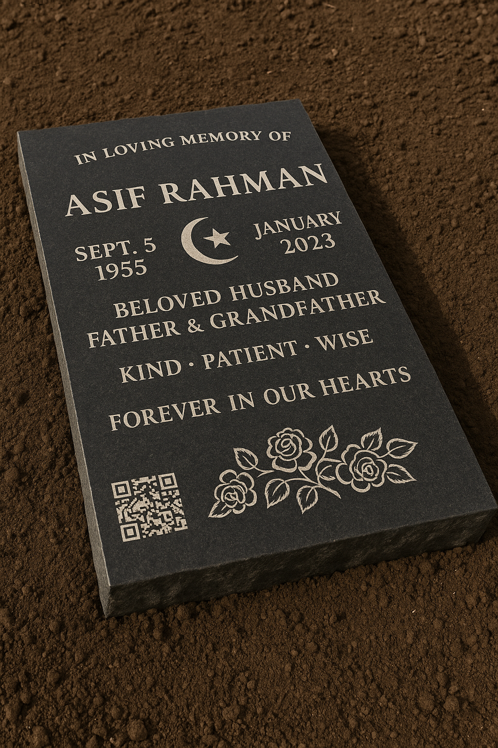 Asif Rahman memorial ledger with Islamic symbol and QR code