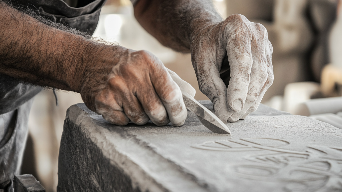Close-up of skilled artisan carefully carving memorial stone with traditional tools